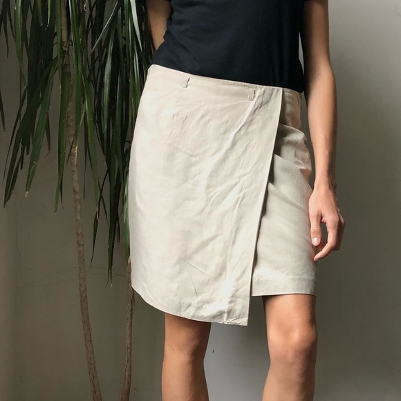 TAILOR B.Moss Women’s Silk Linen Tan Faux Wrap Mini Skirt Size 6 - Picture 1 of 15